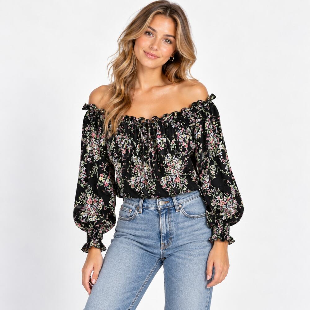 Forever 21 Off the Shoulder Crop Top Women's Size L Black Floral Smocked Cottage